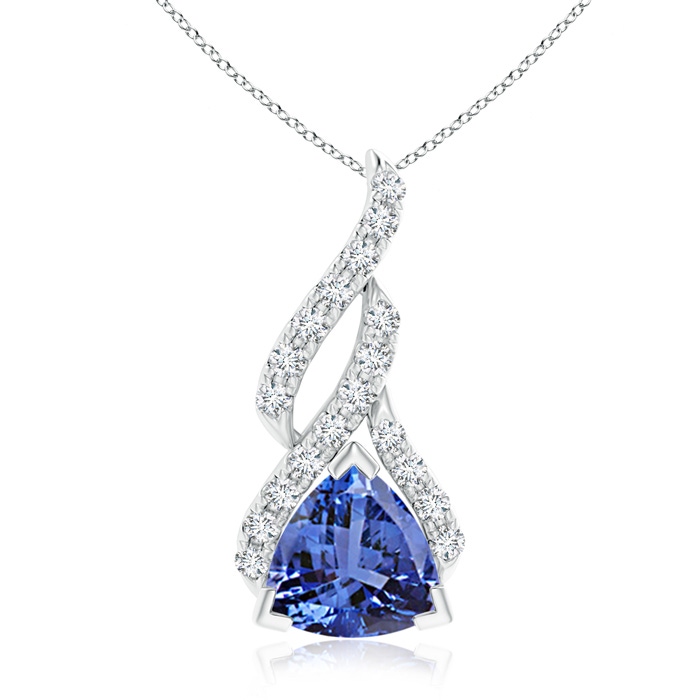 7mm AA Trillion Tanzanite Solitaire Pendant with Diamond Swirl in White Gold 