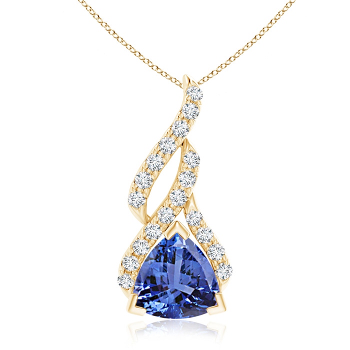 7mm AA Trillion Tanzanite Solitaire Pendant with Diamond Swirl in Yellow Gold 
