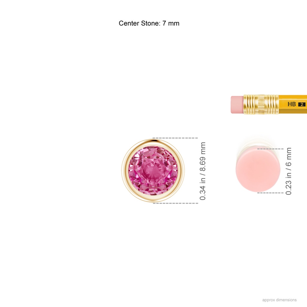 7mm AAA Bezel-Set Round Pink Sapphire Solitaire Pendant in Yellow Gold Ruler