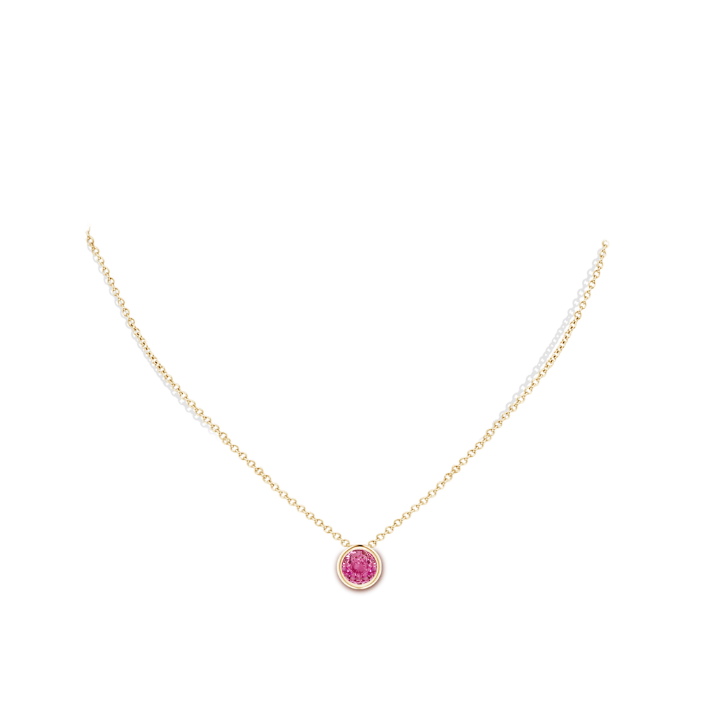 7mm AAA Bezel-Set Round Pink Sapphire Solitaire Pendant in Yellow Gold Body-Neck