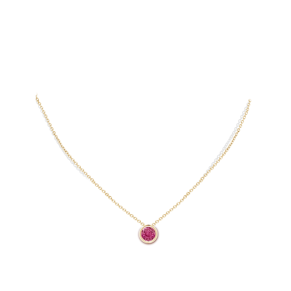7mm AAAA Bezel-Set Round Pink Sapphire Solitaire Pendant in Yellow Gold Body-Neck