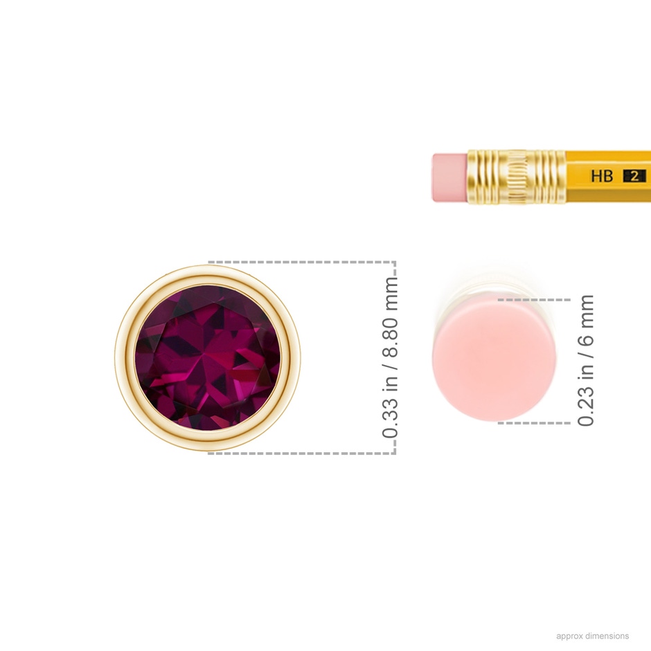 7mm AAAA Bezel-Set Round Rhodolite Solitaire Pendant in Yellow Gold ruler