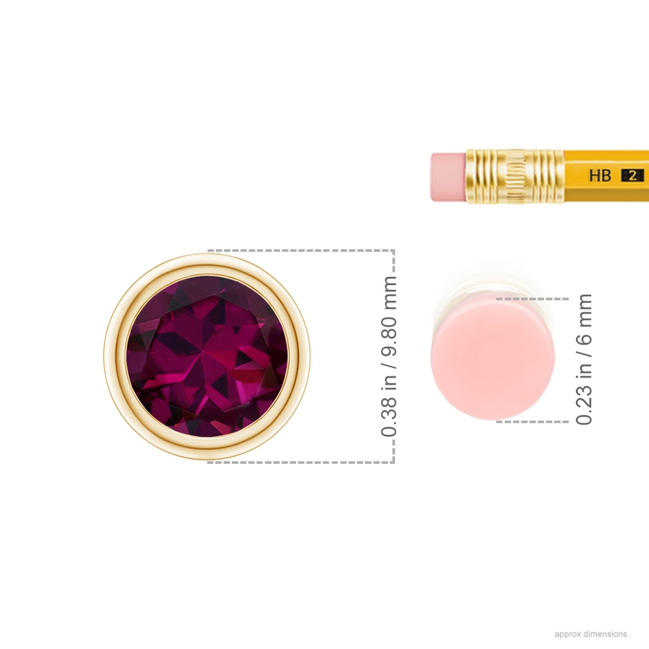 8mm AAAA Bezel-Set Round Rhodolite Solitaire Pendant in Yellow Gold ruler