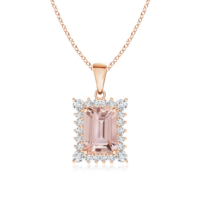 7x5mm AAA Vintage Style Emerald-Cut Morganite Halo Pendant in Rose Gold 
