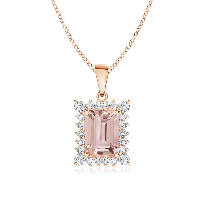 7x5mm AAA Vintage Style Emerald-Cut Morganite Halo Pendant in Rose Gold