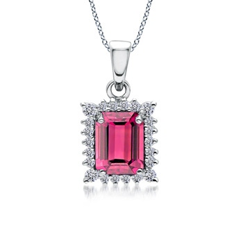 7x5mm AA Vintage Style Emerald-Cut Pink Tourmaline Halo Pendant in White Gold