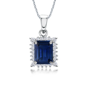 7x5mm AAA Vintage Style Emerald-Cut Sapphire Halo Pendant in White Gold 