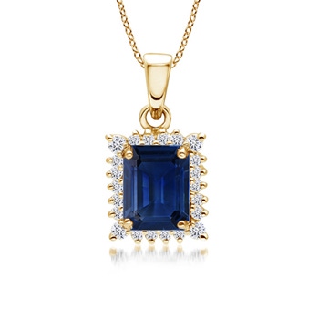 7x5mm AAA Vintage Style Emerald-Cut Sapphire Halo Pendant in Yellow Gold