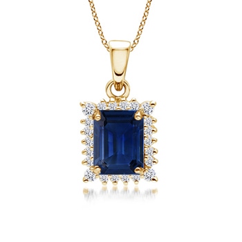 7x5mm AAA Vintage Style Emerald-Cut Sapphire Halo Pendant in Yellow Gold 