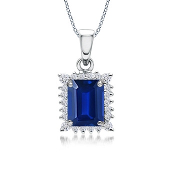 7x5mm Lab-Grown Vintage Style Emerald-Cut Sapphire Halo Pendant in White Gold