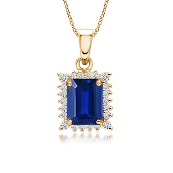 7x5mm Lab-Grown Vintage Style Emerald-Cut Sapphire Halo Pendant in Yellow Gold 