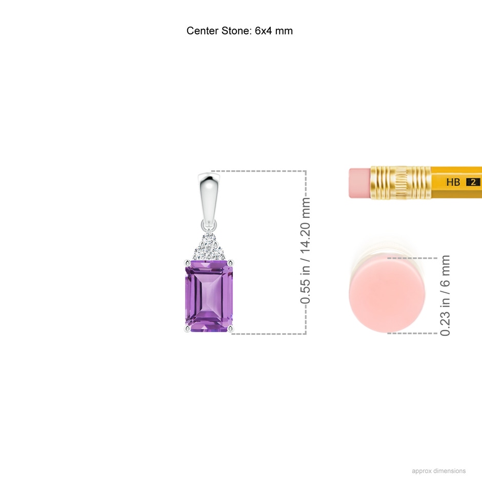 6x4mm A Emerald-Cut Amethyst Pendant with Diamond Trio in S999 Silver ruler
