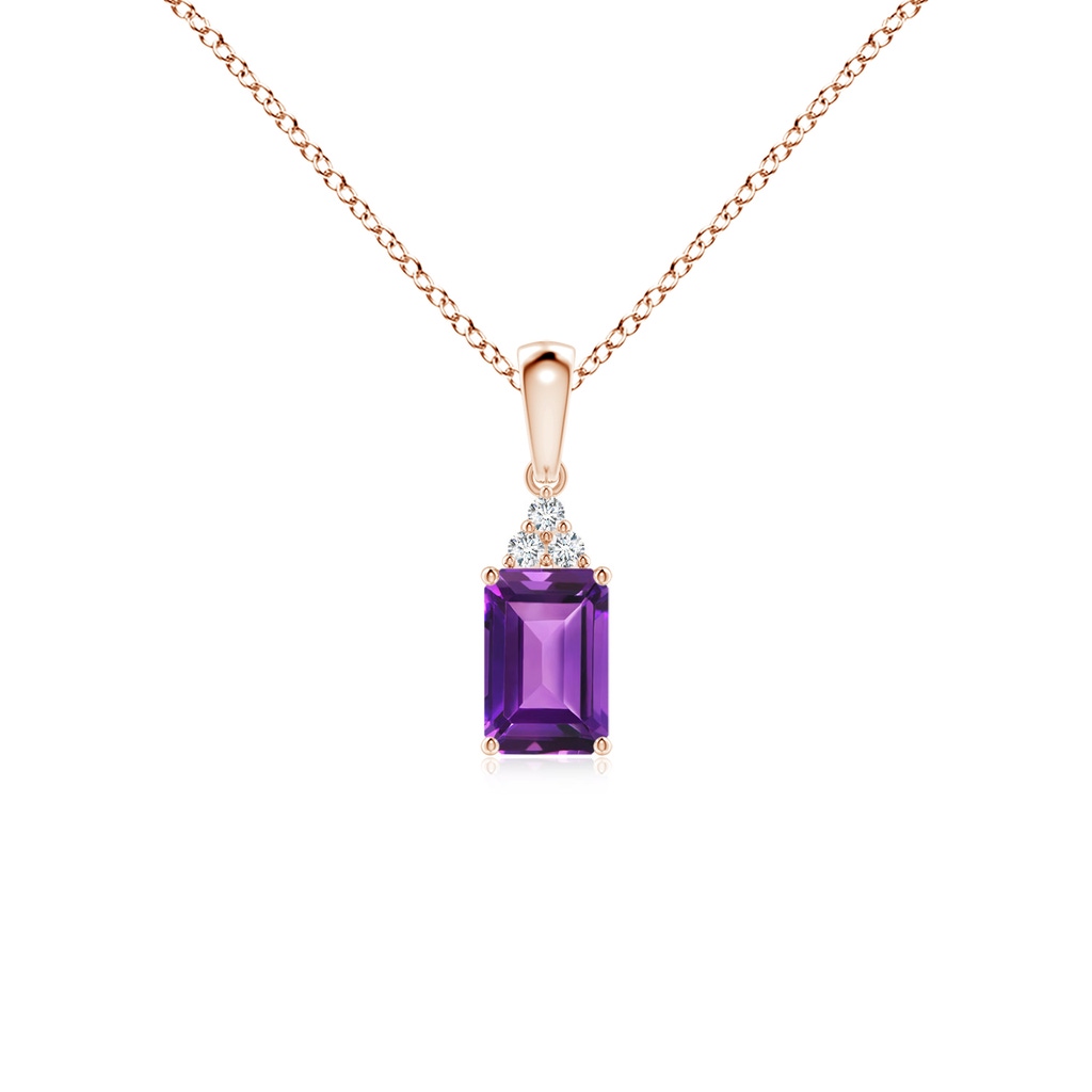 6x4mm AAAA Emerald-Cut Amethyst Pendant with Diamond Trio in Rose Gold