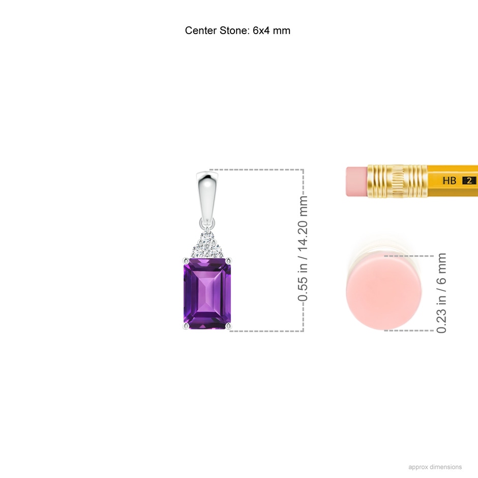 6x4mm AAAA Emerald-Cut Amethyst Pendant with Diamond Trio in White Gold ruler