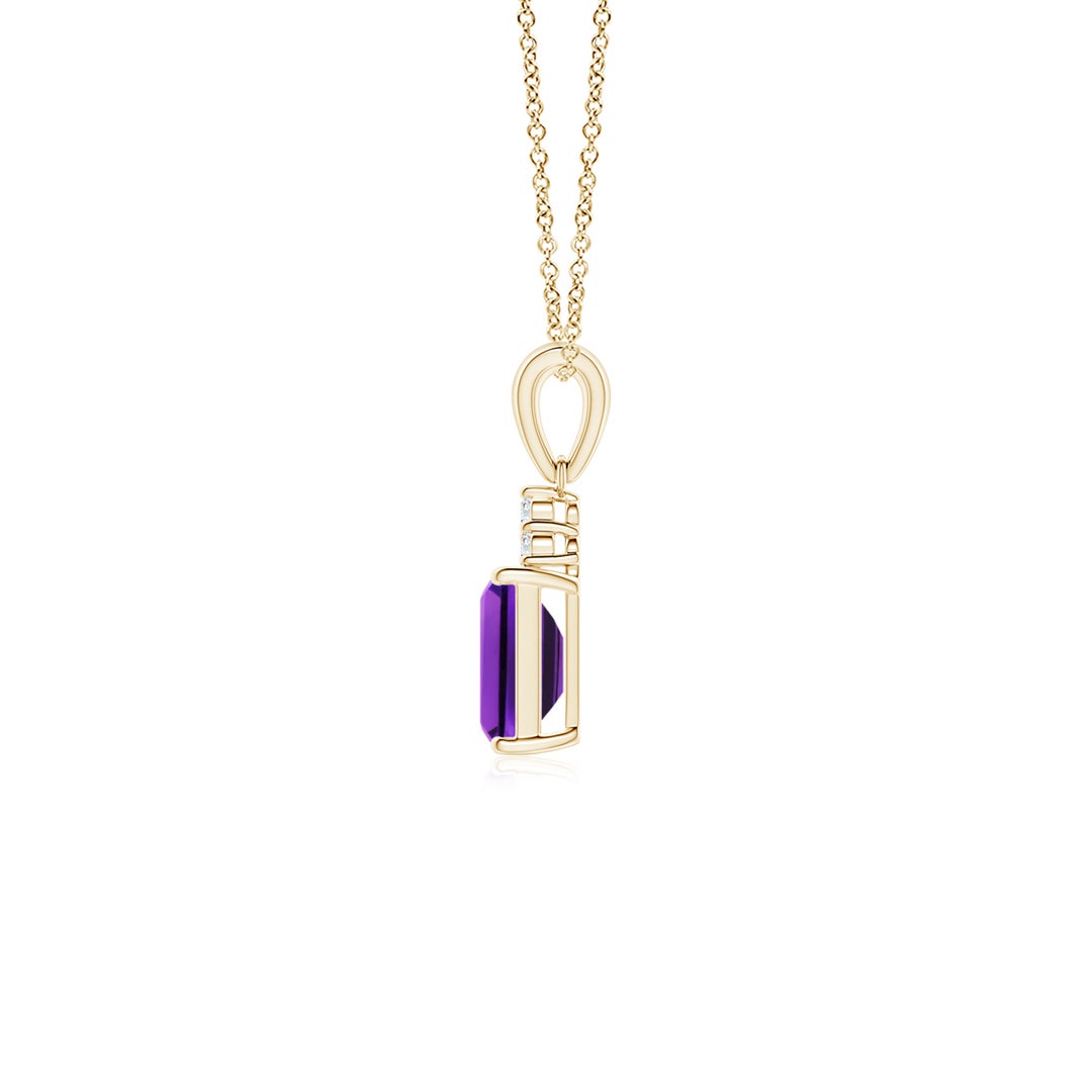 6x4mm AAAA Emerald-Cut Amethyst Pendant with Diamond Trio in Yellow Gold - side 3