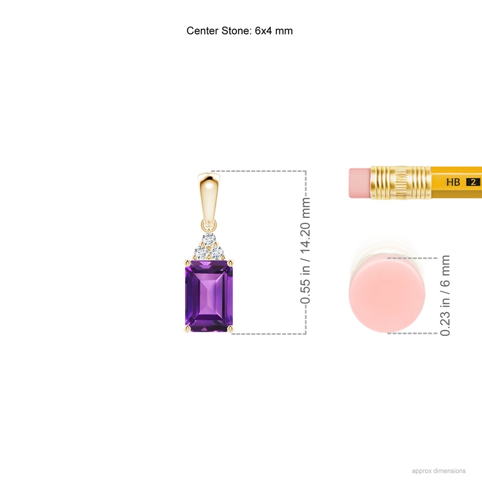 6x4mm AAAA Emerald-Cut Amethyst Pendant with Diamond Trio in Yellow Gold ruler