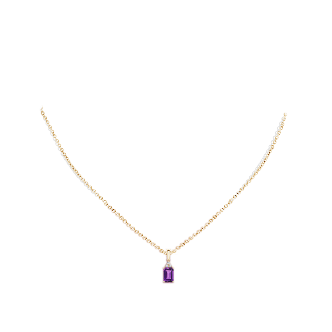 6x4mm AAAA Emerald-Cut Amethyst Pendant with Diamond Trio in Yellow Gold - body_neck