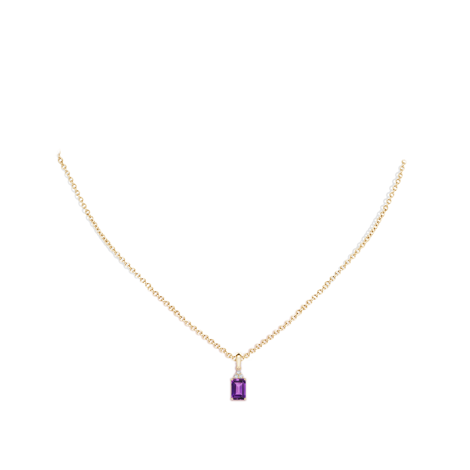 6x4mm AAAA Emerald-Cut Amethyst Pendant with Diamond Trio in Yellow Gold body-neck