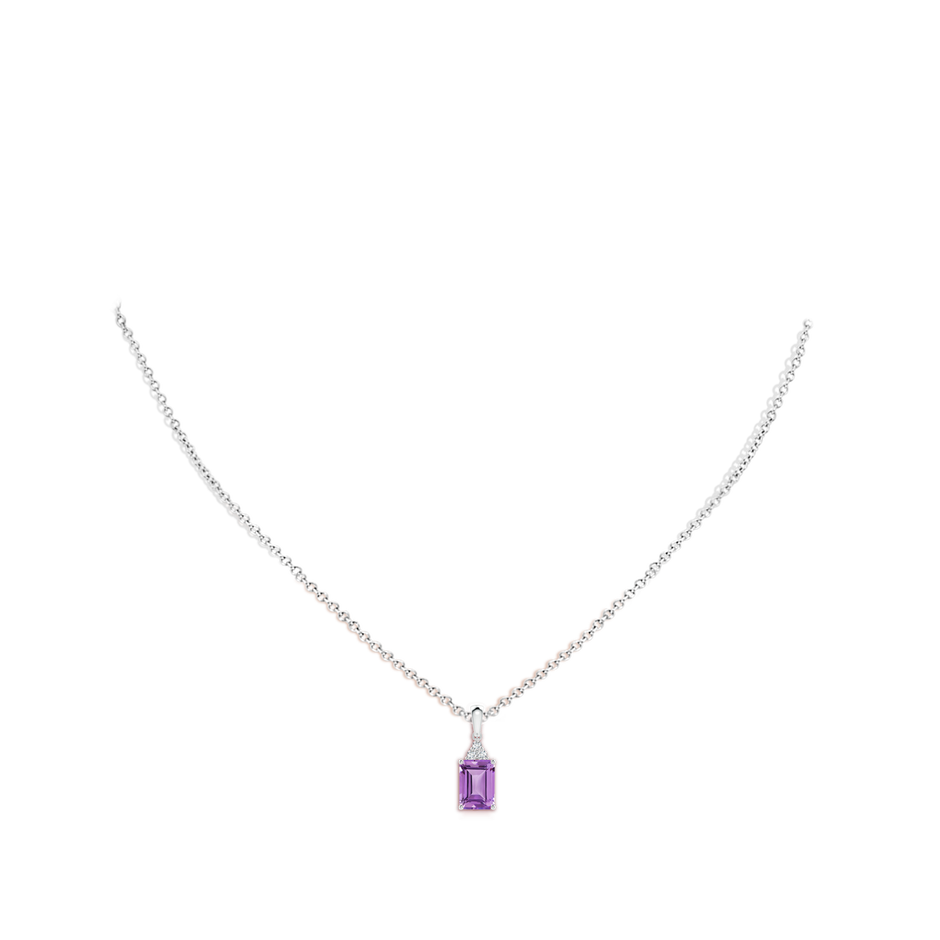 7x5mm A Emerald-Cut Amethyst Pendant with Diamond Trio in White Gold body-neck