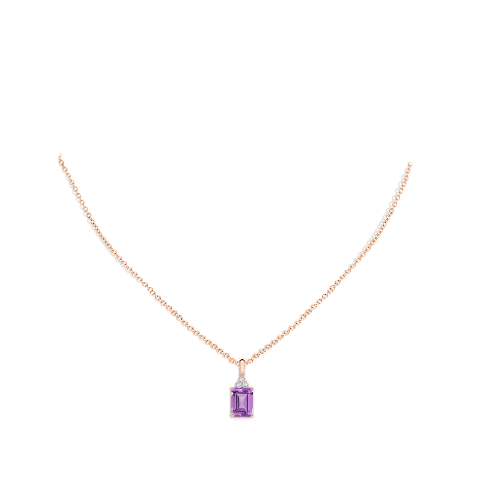 8x6mm A Emerald-Cut Amethyst Pendant with Diamond Trio in Rose Gold body-neck