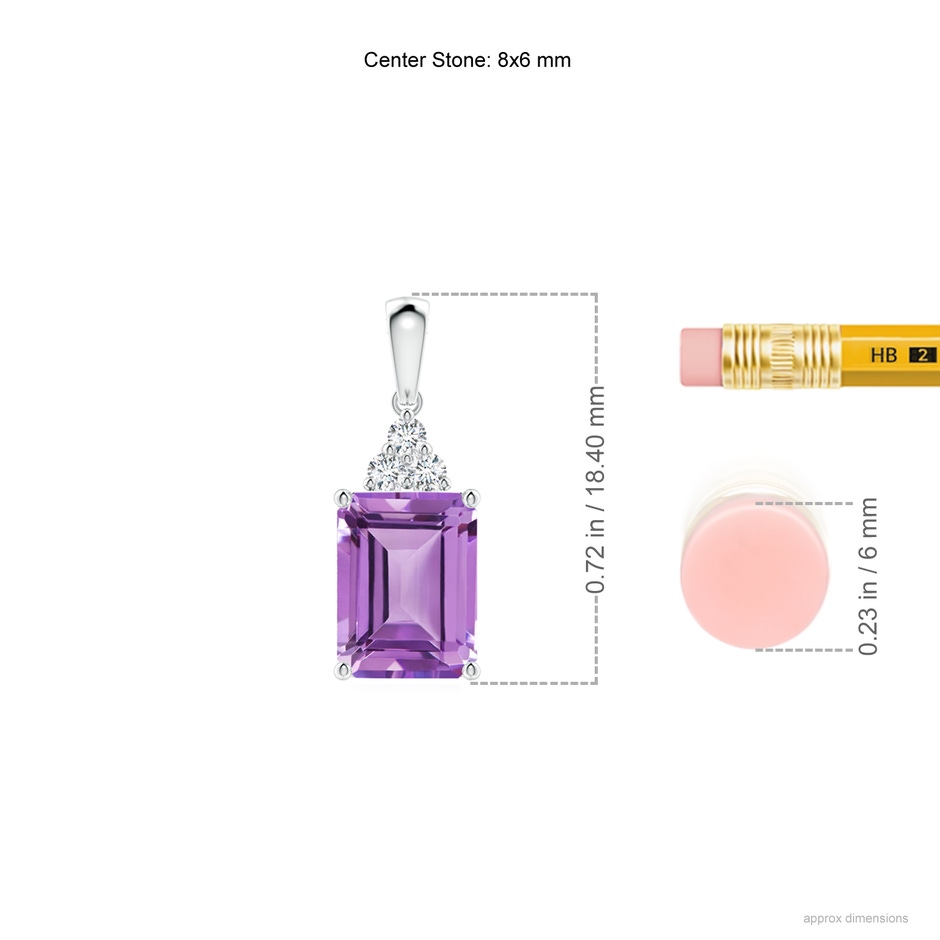 8x6mm A Emerald-Cut Amethyst Pendant with Diamond Trio in S999 Silver ruler