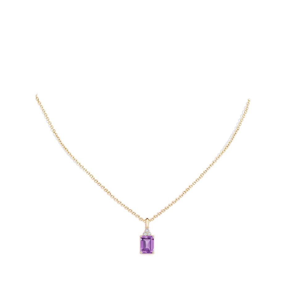 8x6mm A Emerald-Cut Amethyst Pendant with Diamond Trio in Yellow Gold body-neck