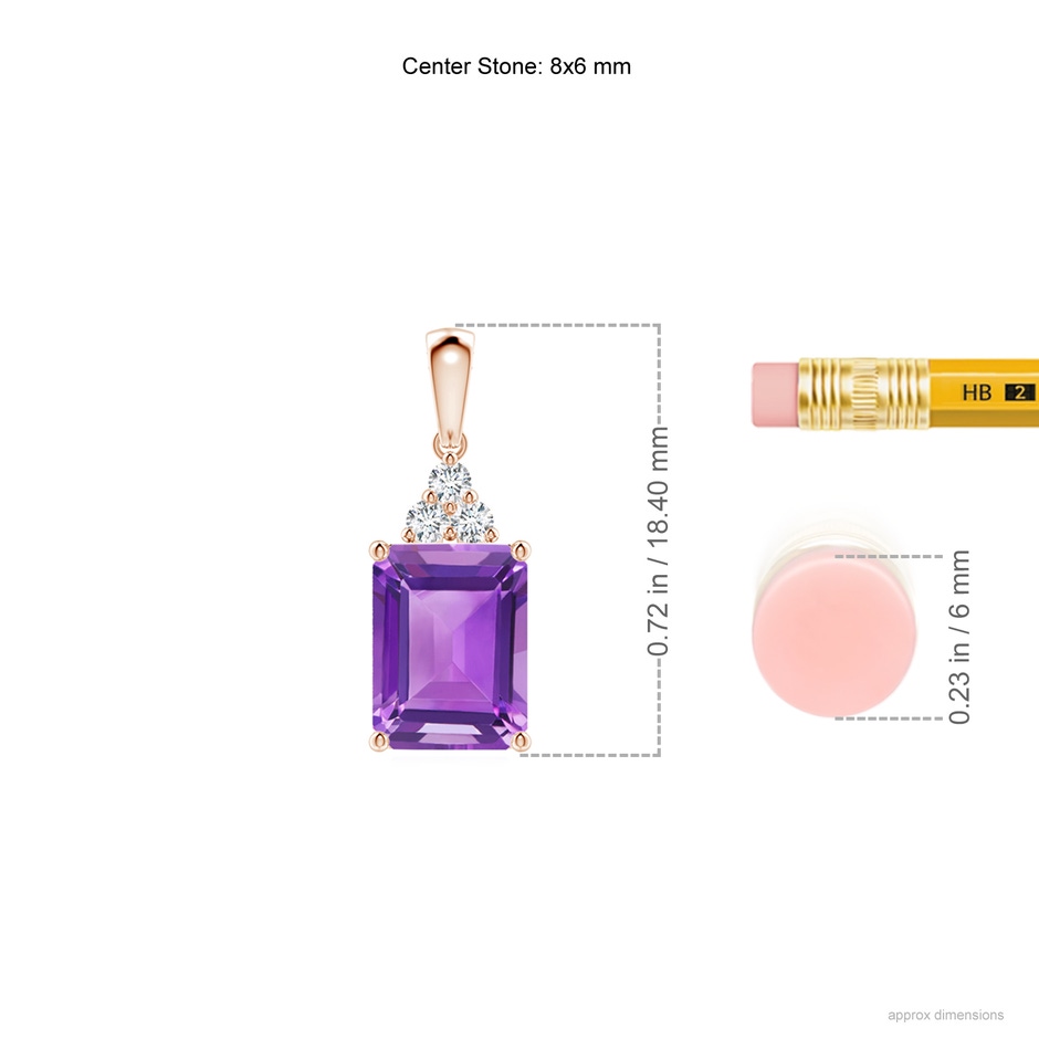 8x6mm AA Emerald-Cut Amethyst Pendant with Diamond Trio in Rose Gold ruler