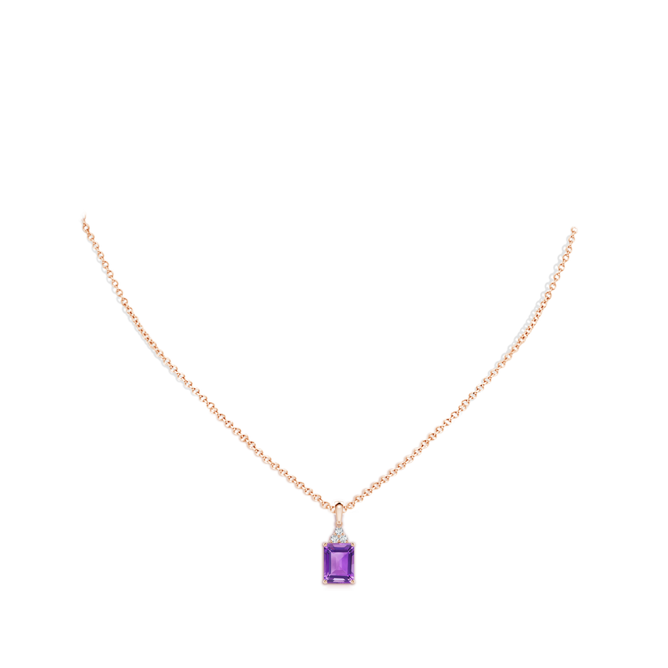 8x6mm AA Emerald-Cut Amethyst Pendant with Diamond Trio in Rose Gold body-neck