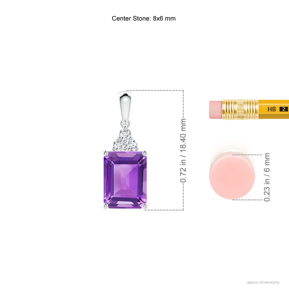 8x6mm AA Emerald-Cut Amethyst Pendant with Diamond Trio in White Gold ruler