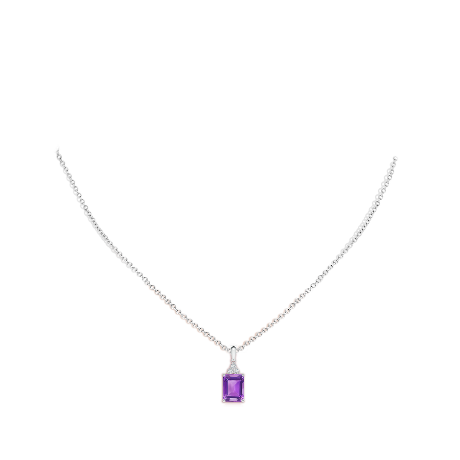 8x6mm AA Emerald-Cut Amethyst Pendant with Diamond Trio in White Gold body-neck