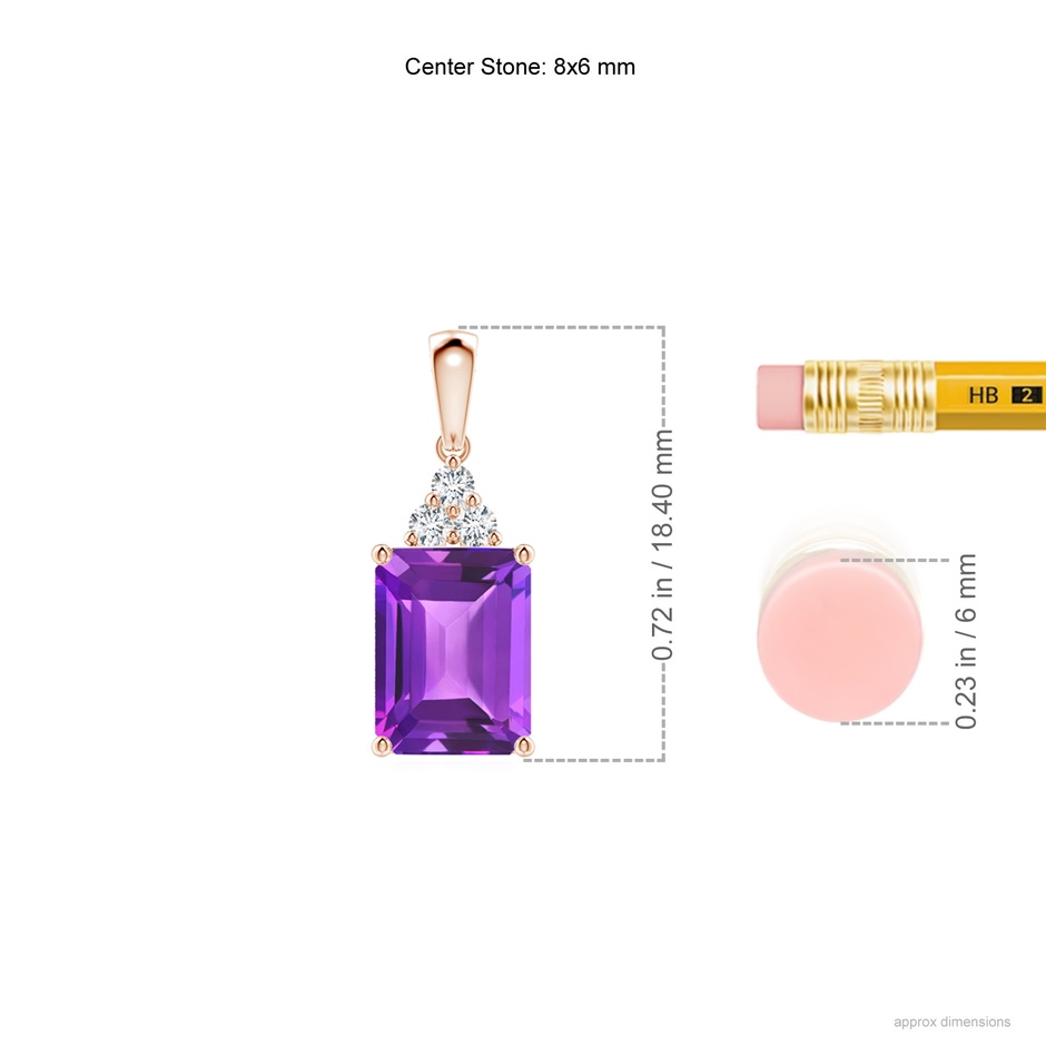 8x6mm AAA Emerald-Cut Amethyst Pendant with Diamond Trio in Rose Gold ruler