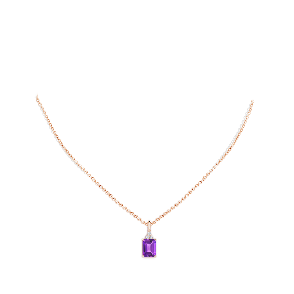 8x6mm AAA Emerald-Cut Amethyst Pendant with Diamond Trio in Rose Gold body-neck