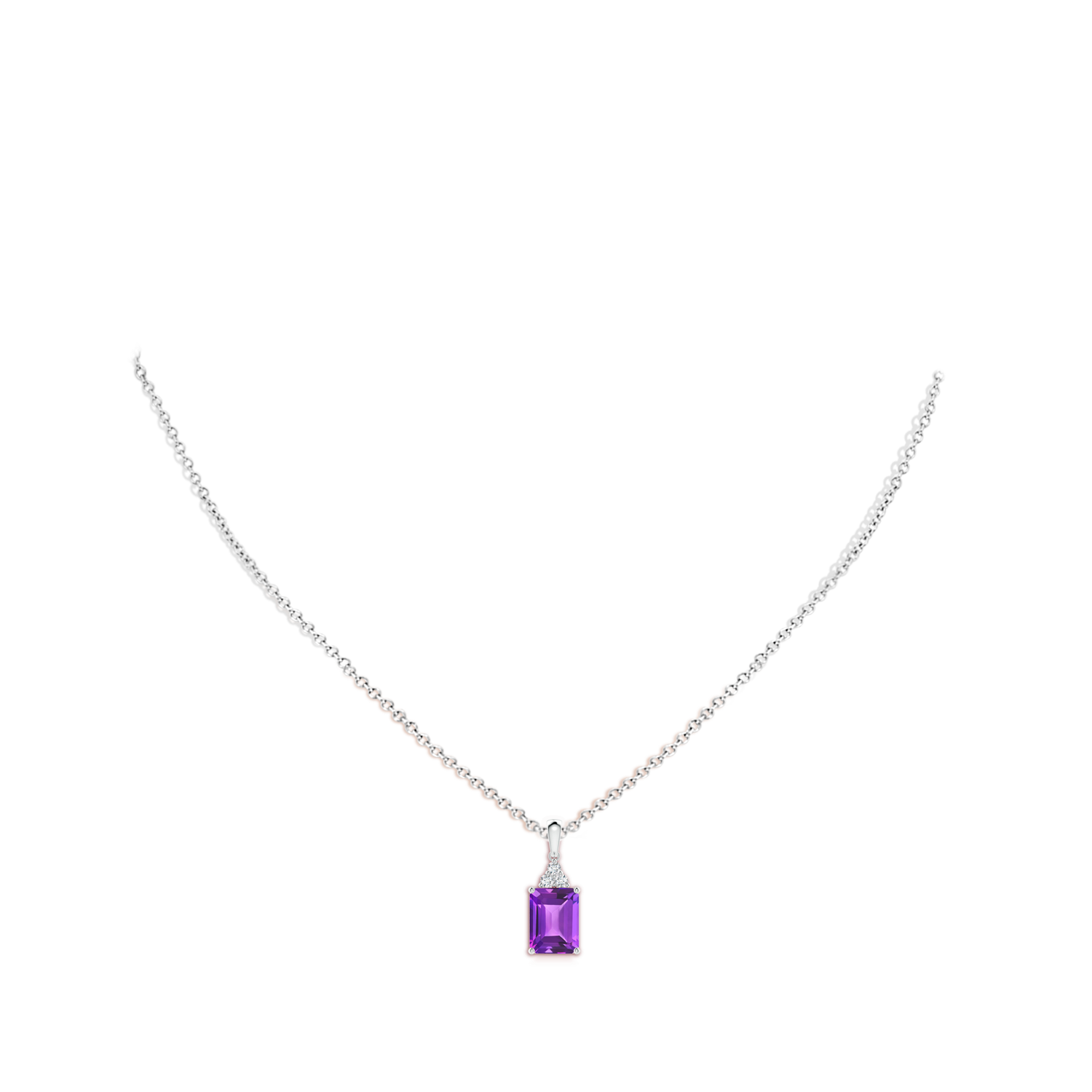 8x6mm AAA Emerald-Cut Amethyst Pendant with Diamond Trio in White Gold - body_neck