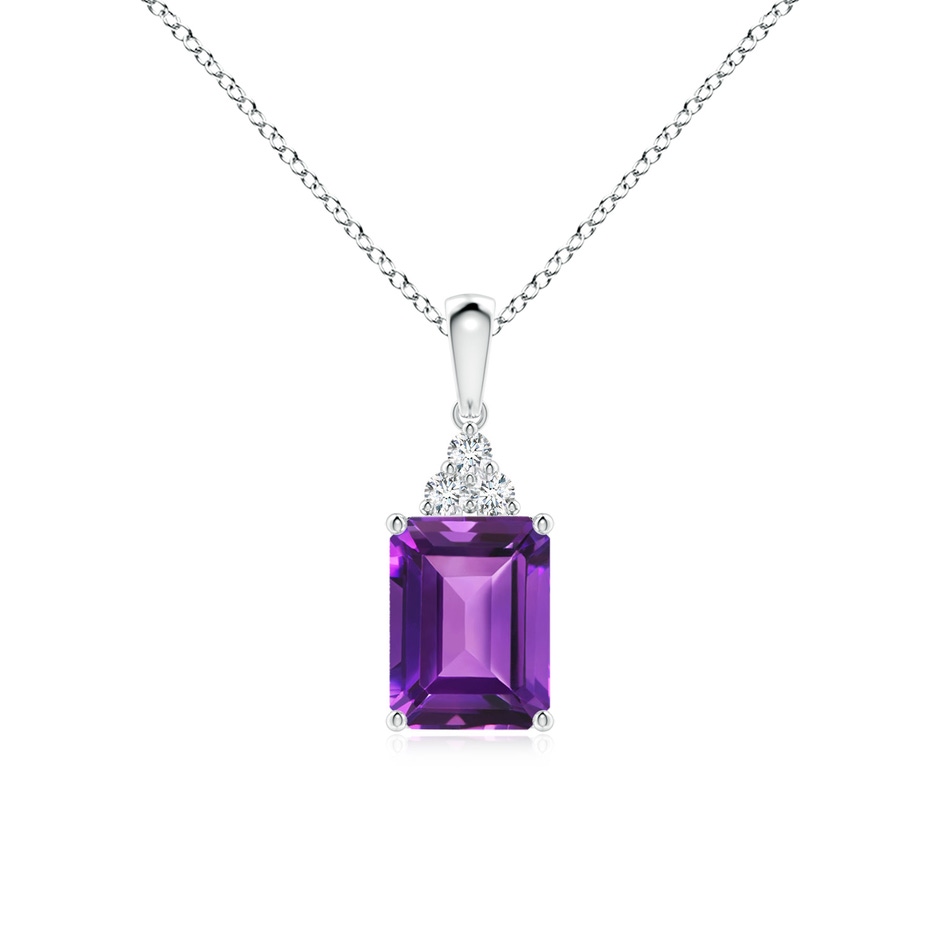 8x6mm AAAA Emerald-Cut Amethyst Pendant with Diamond Trio in White Gold 
