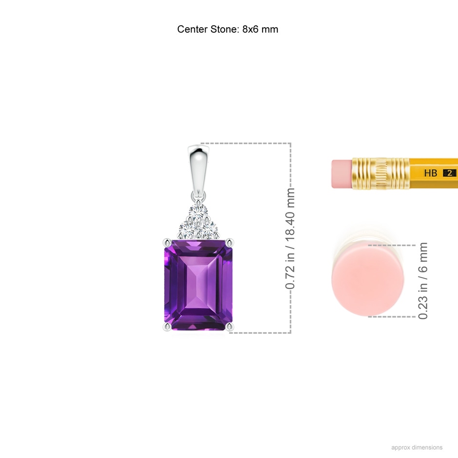 8x6mm AAAA Emerald-Cut Amethyst Pendant with Diamond Trio in White Gold ruler