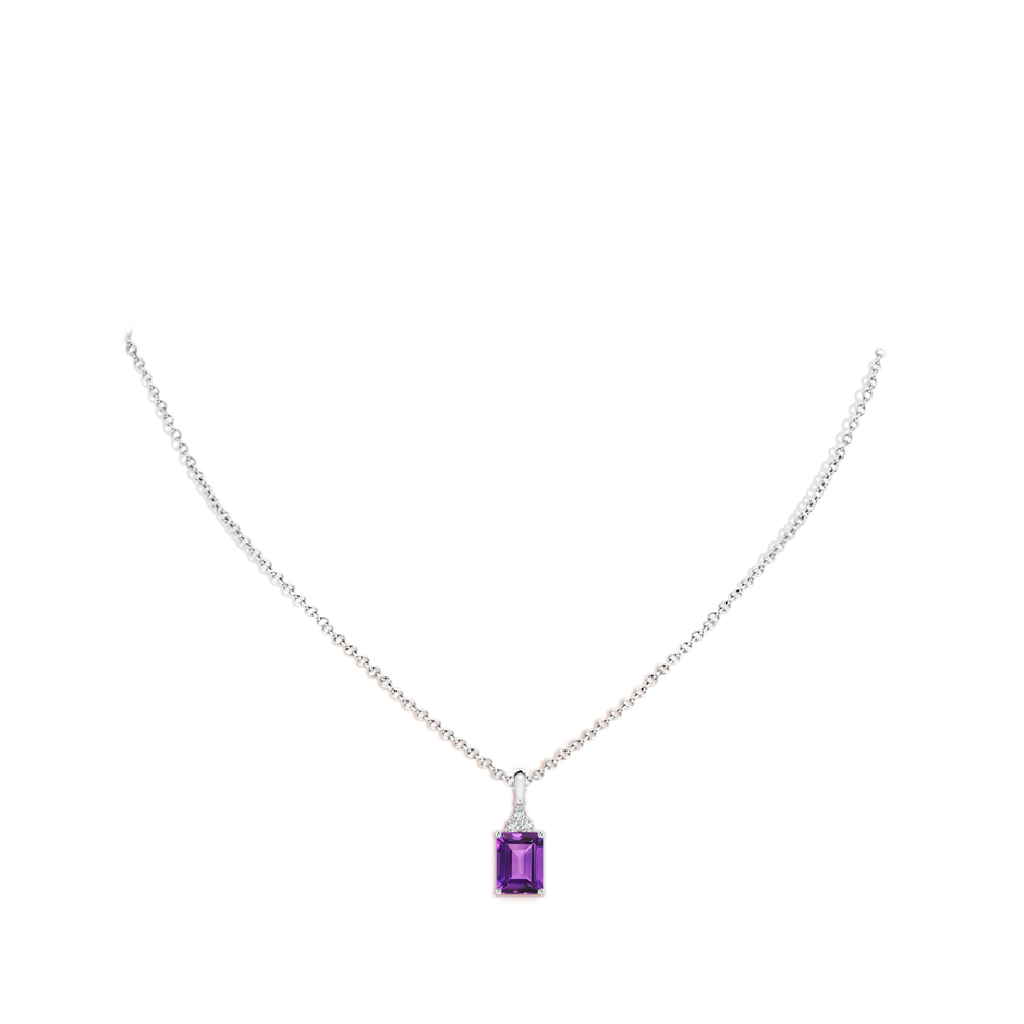 8x6mm AAAA Emerald-Cut Amethyst Pendant with Diamond Trio in White Gold body-neck