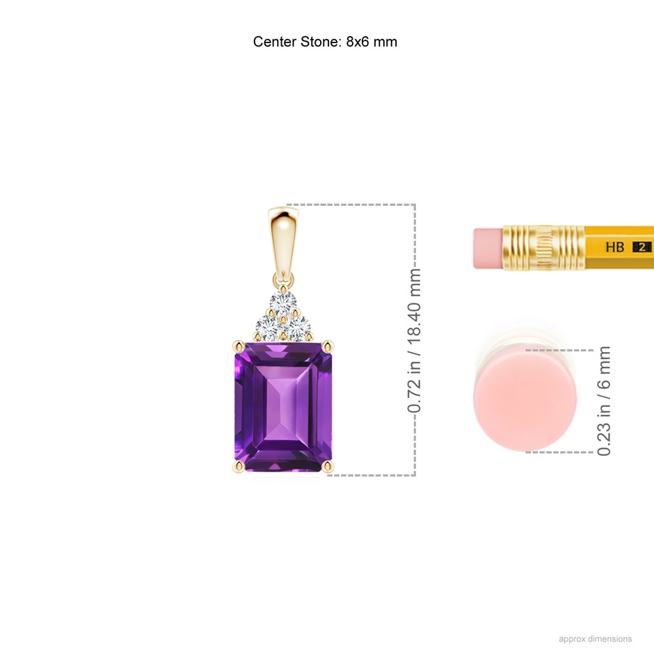 8x6mm AAAA Emerald-Cut Amethyst Pendant with Diamond Trio in Yellow Gold ruler