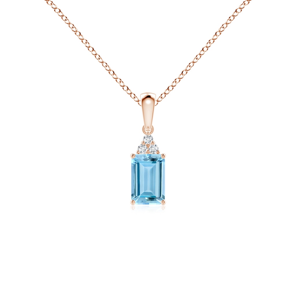 6x4mm AAAA Emerald-Cut Aquamarine Pendant with Diamond Trio in Rose Gold