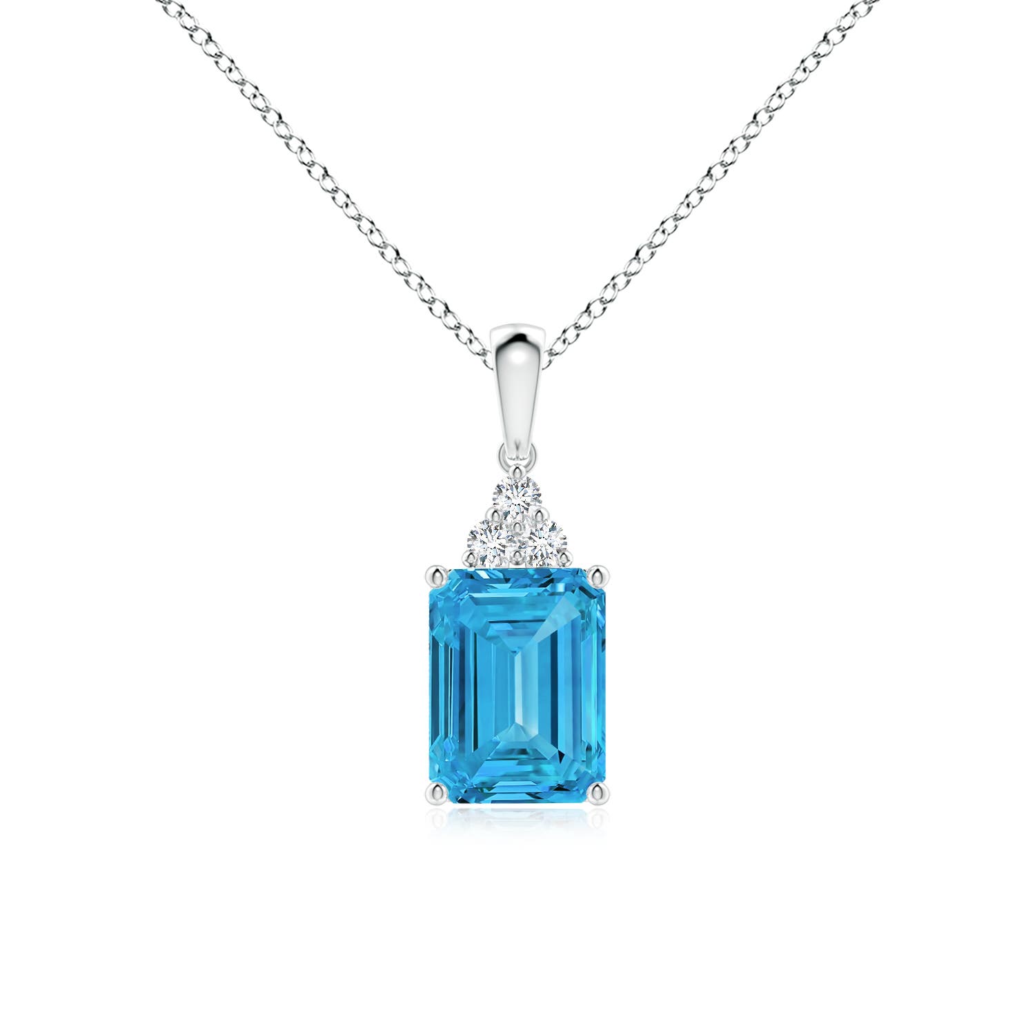 8x6mm AAAA Emerald-Cut Fancy Intense Blue Diamond Pendant with Trio Accents in 18K White Gold