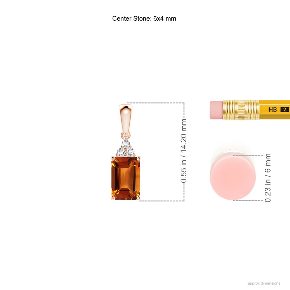 6x4mm AAAA Emerald-Cut Citrine Pendant with Diamond Trio in Rose Gold ruler
