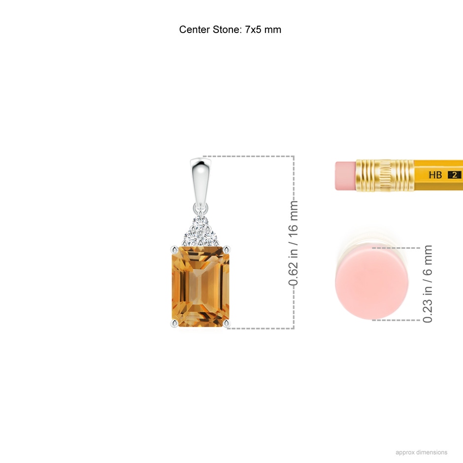 7x5mm A Emerald-Cut Citrine Pendant with Diamond Trio in 9K White Gold ruler