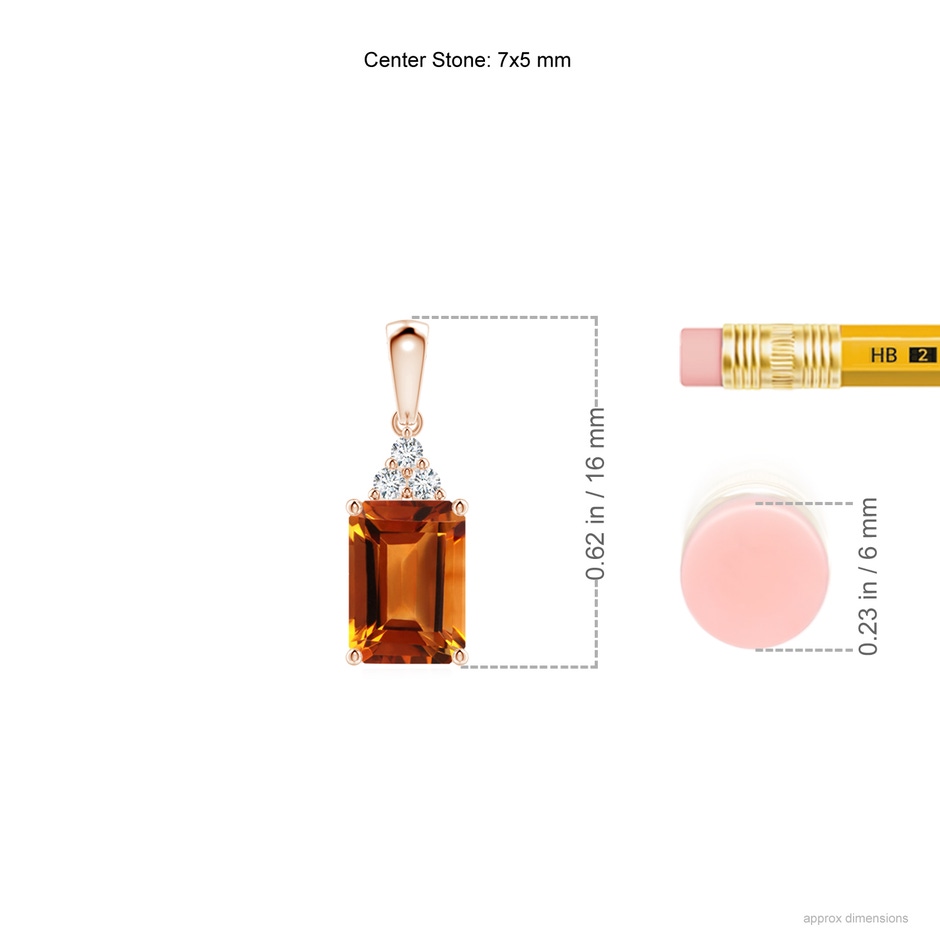 7x5mm AAAA Emerald-Cut Citrine Pendant with Diamond Trio in Rose Gold ruler