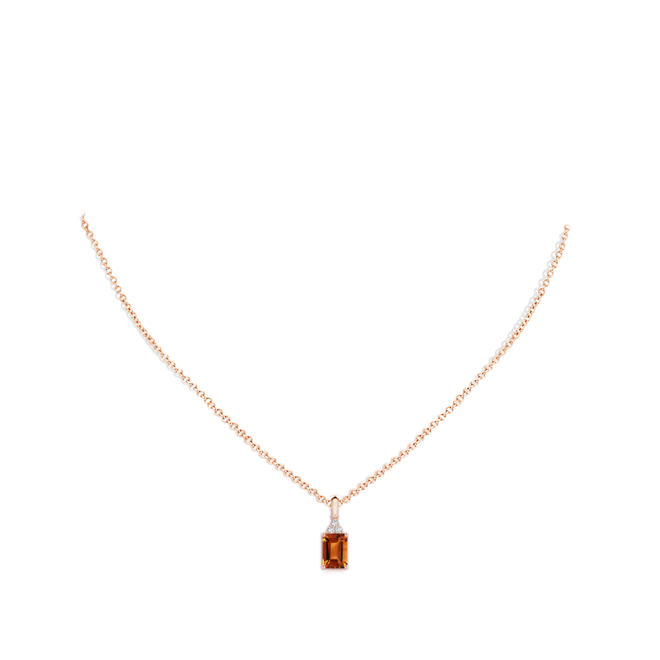 7x5mm AAAA Emerald-Cut Citrine Pendant with Diamond Trio in Rose Gold body-neck