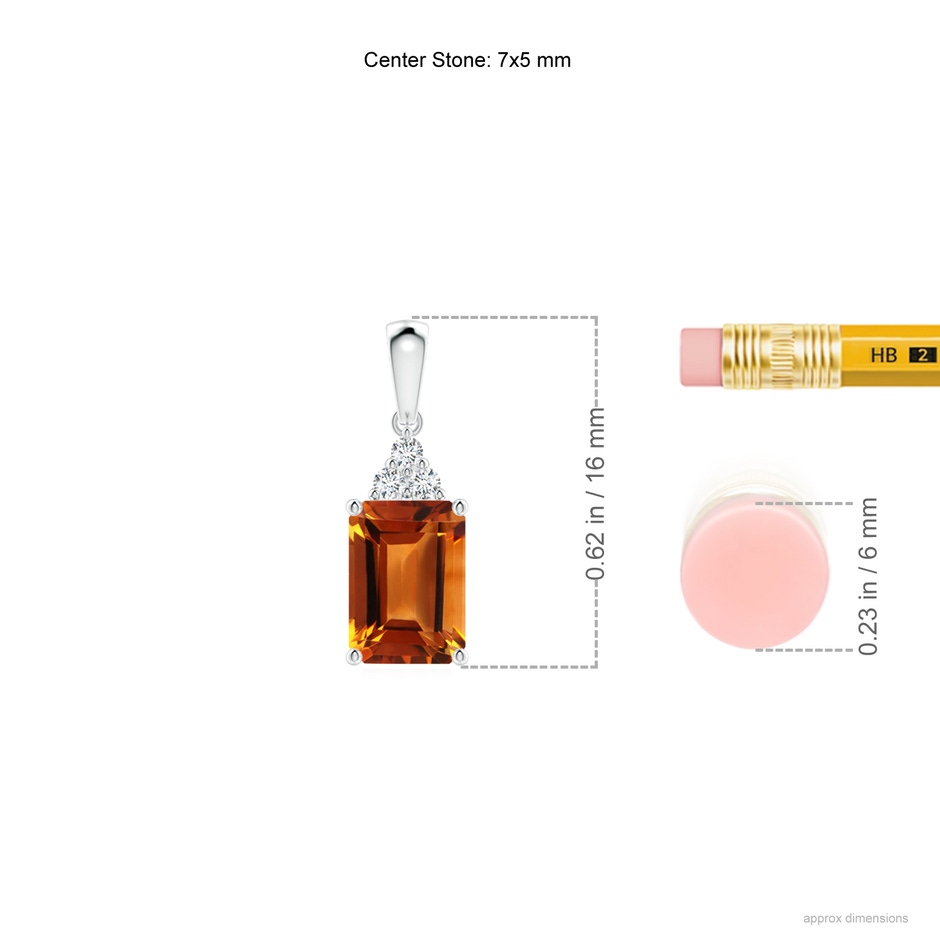 7x5mm AAAA Emerald-Cut Citrine Pendant with Diamond Trio in White Gold ruler
