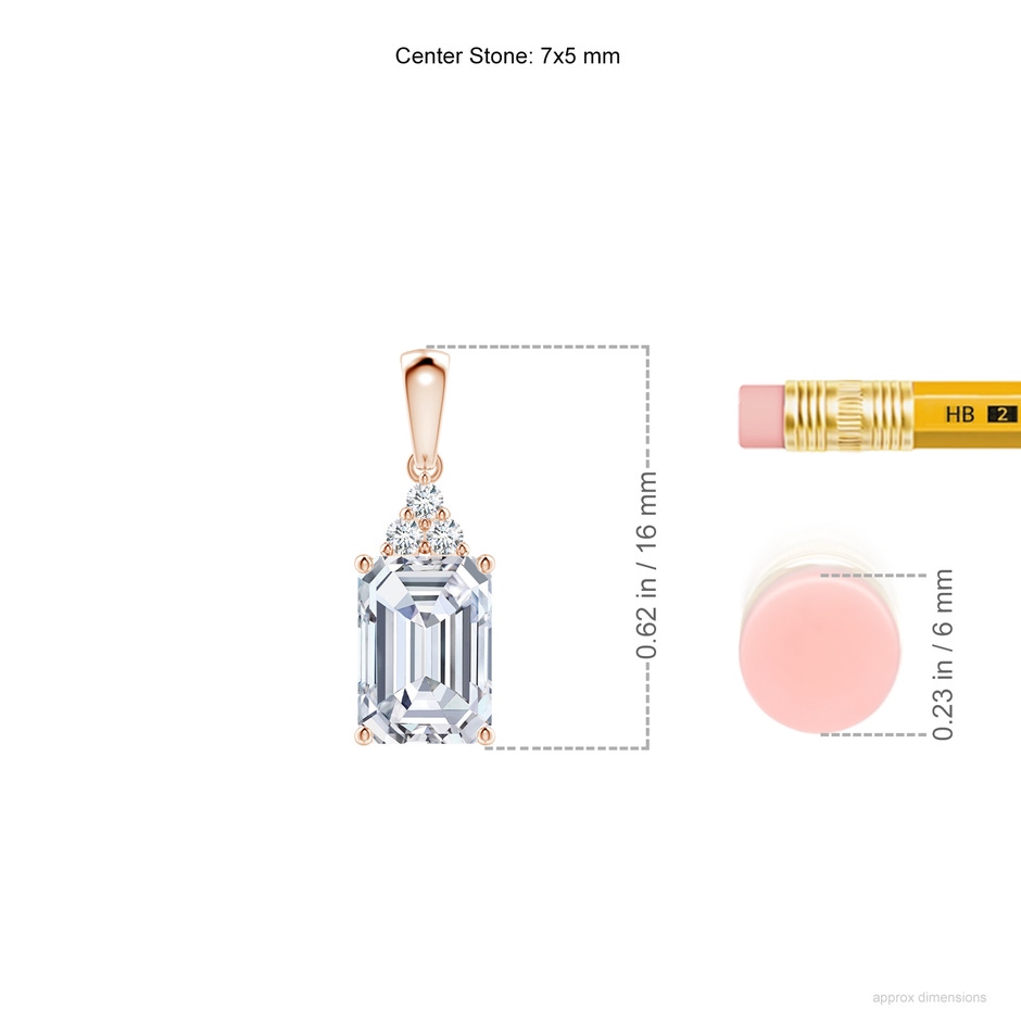 7x5mm GVS2 Emerald-Cut Diamond Pendant with Diamond Trio in Rose Gold ruler