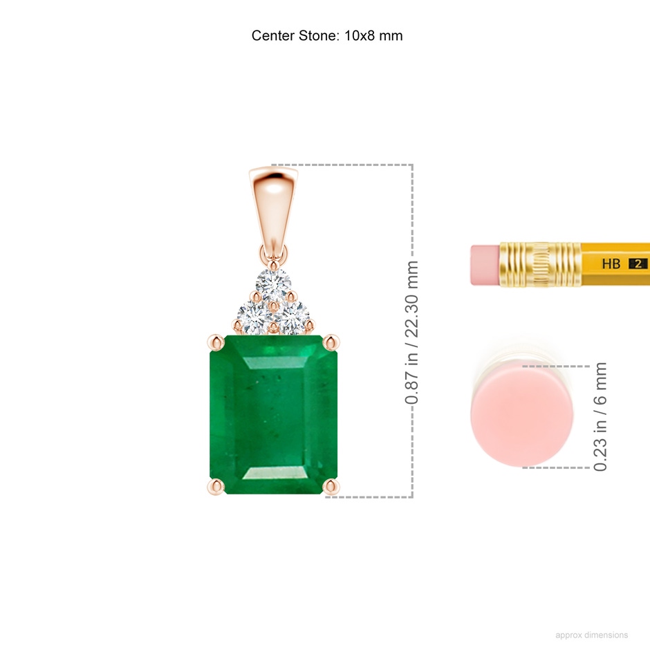 10x8mm AA Emerald-Cut Emerald Pendant with Diamond Trio in Rose Gold ruler