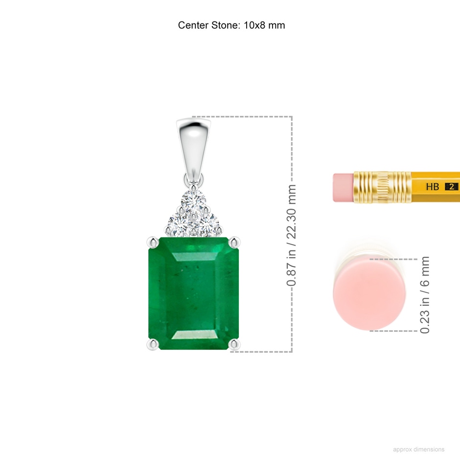 10x8mm AA Emerald-Cut Emerald Pendant with Diamond Trio in White Gold ruler