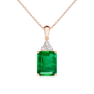 10x8mm AAA Emerald-Cut Emerald Pendant with Diamond Trio in 9K Rose Gold