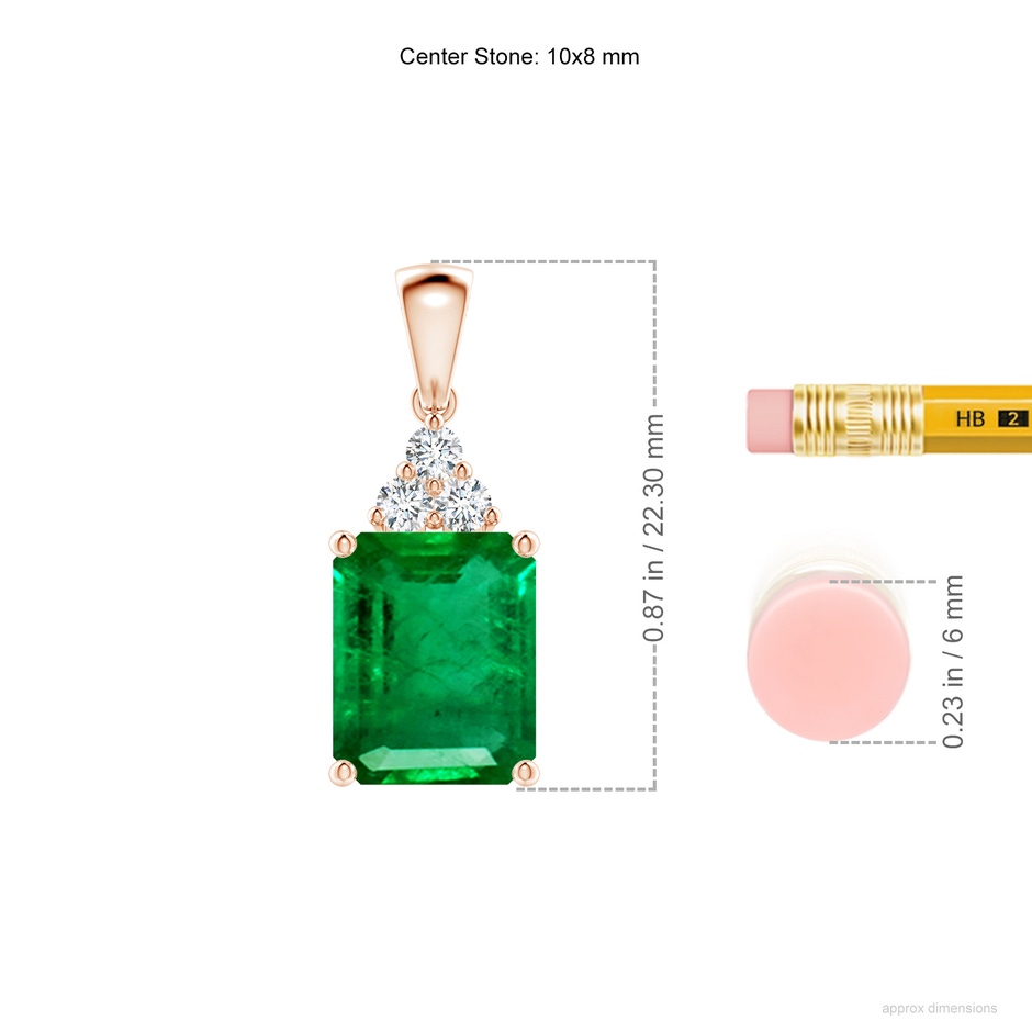 10x8mm AAA Emerald-Cut Emerald Pendant with Diamond Trio in Rose Gold ruler