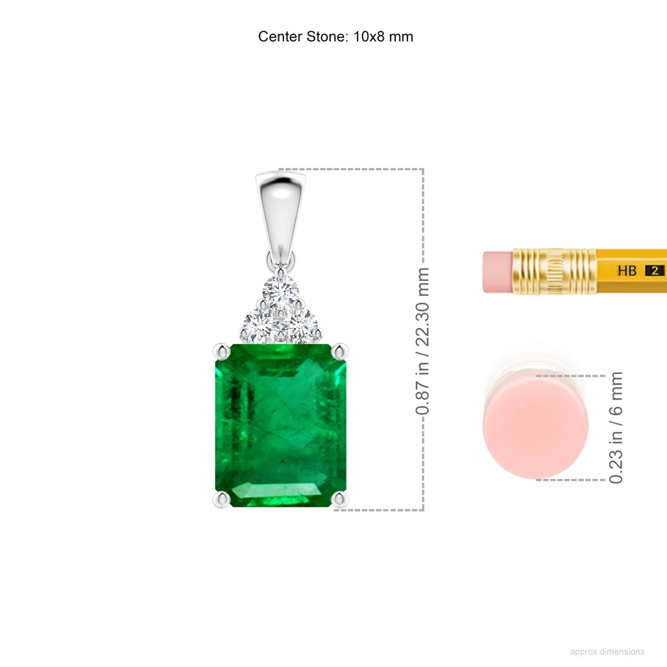 10x8mm AAA Emerald-Cut Emerald Pendant with Diamond Trio in S999 Silver ruler
